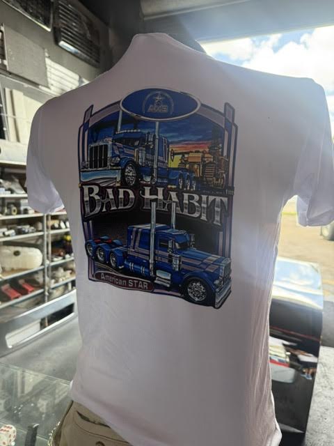 Truck T-shirts AMS WHITE/BLUE BAD HABIT Truck T-shirt Designs size S Tractolaser