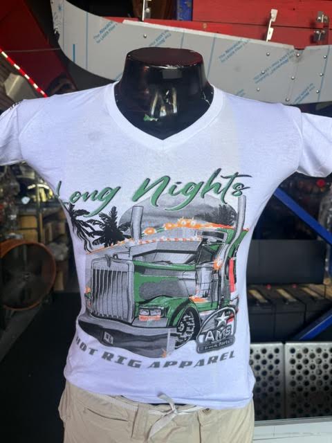 Truck T-shirts LONG NIGHTS WHITE/GREEN Custom Truck T-shirt Designs size WOMEN M Tractolaser
