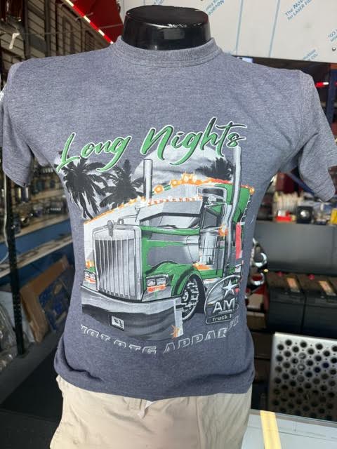 Truck T-shirts LONG NIGHTS GRAY/GREEN Custom Truck T-shirt Designs size L Tractolaser