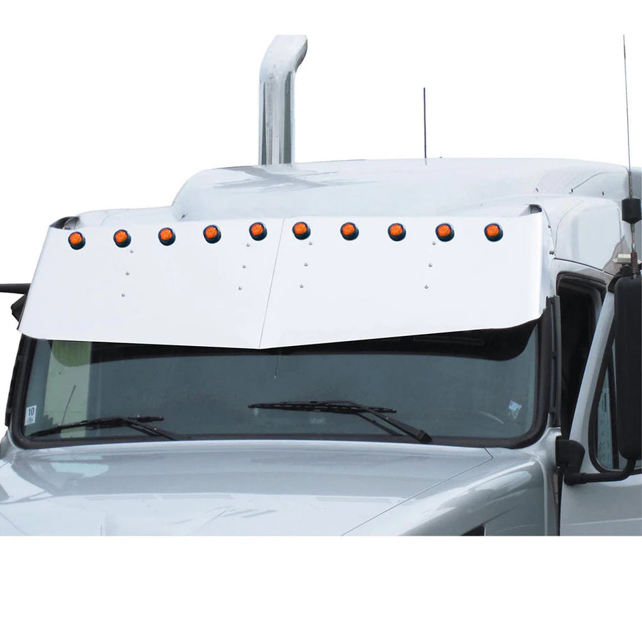 Volvo VN, VNL 2004-2017 Midroof 18" SS V-Style Visor with Ten 2" Light Cutouts Tractolaser