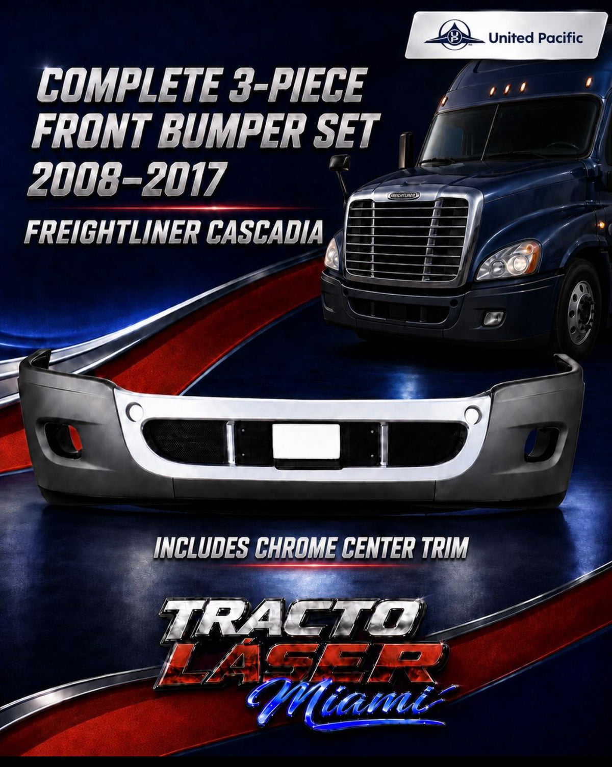 Complete 3-Piece Front Bumper Set With Fog Light Hole For 2008-2017 Freightliner Cascadia 21948 UP INCLUDES CHROME CENTER TRIM Tractolaser