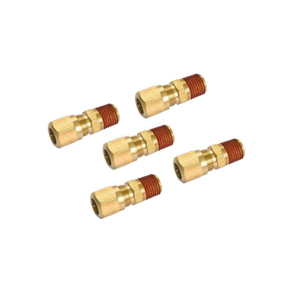 Five brass compression fittings on a white background