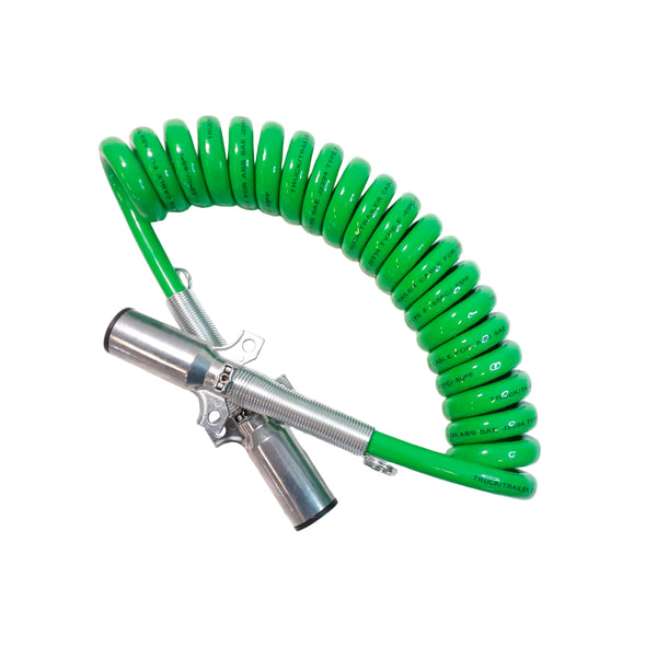 Green coiled hose with a metal connector on a white background