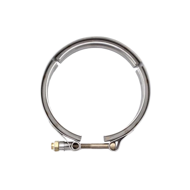 Metal hose clamp with a brass fitting on a white background