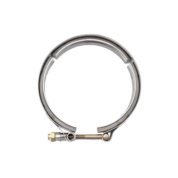 Metal hose clamp with a brass fitting on a white background