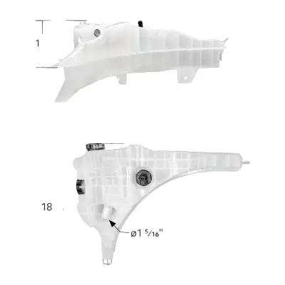 A white pressurized coolant reservoir for a Freightliner Cascadia, showing dimensions and sensor locations.