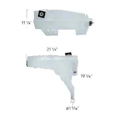 A white pressurized coolant reservoir for Kenworth and Peterbilt trucks, including dimensions and sensor details.