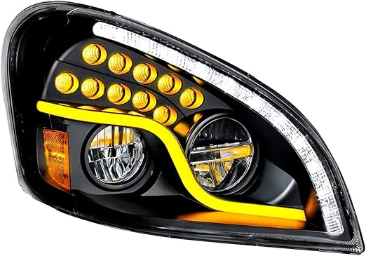 Pair High Power LED Black Headlight With LED DRL & LED Turn Signal For 2008-2017 Freightliner Cascadia - Driver-Passenger Tractolaser