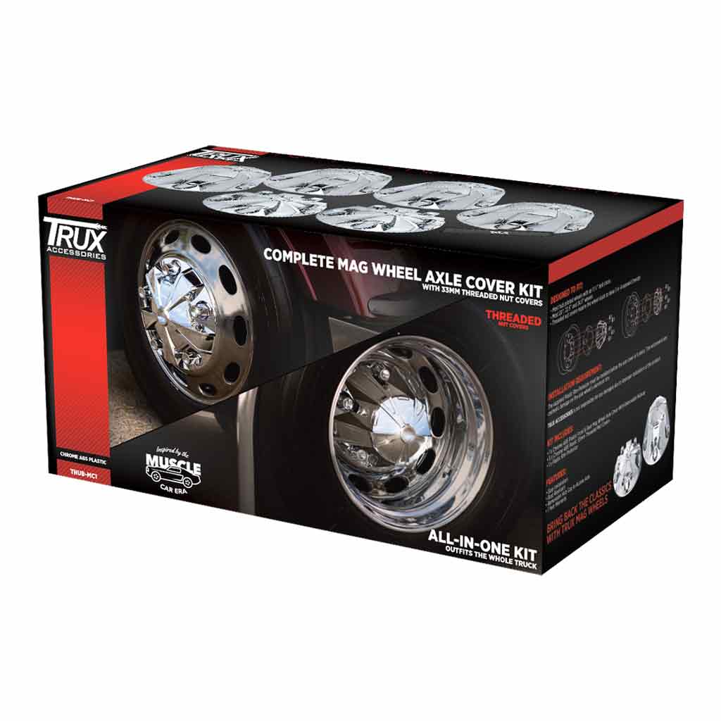 COMPLETE CHROME ABS PLASTIC MAG WHEEL AXLE & NUT COVER KIT THUB-MC1 Tractolaser