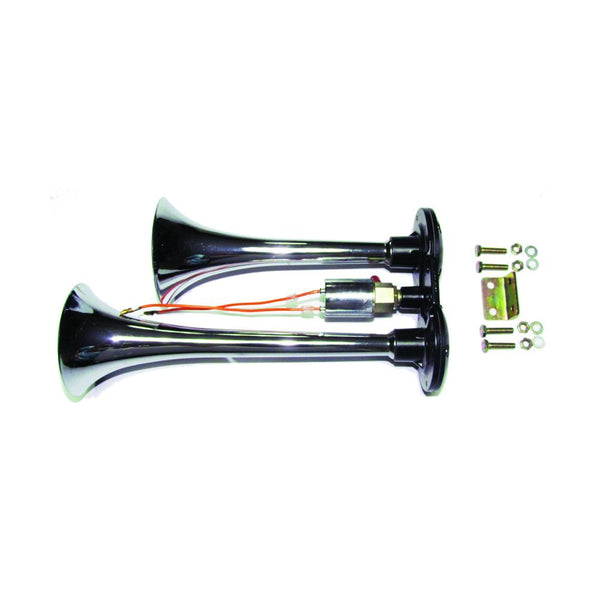 Two black air horns with wiring and mounting hardware on a white background